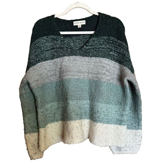 Knox Rose Sweater Womens XL Multicolor Stripe V Neck Chunky Pullover Sweatshirt - Picture 1 of 9